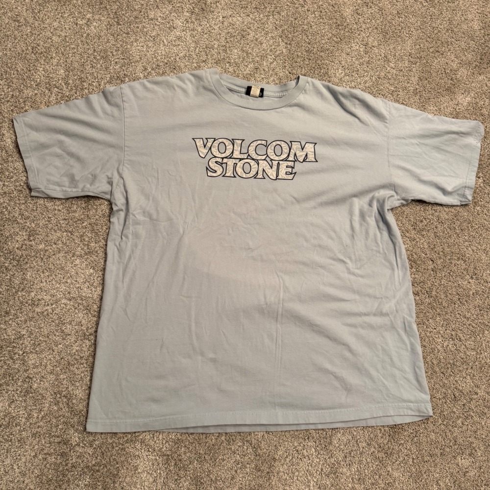 Y2K Volcom Stone Mens XXL Light Blue Graphic Logo Short Sleeve Cotton T-Shirt